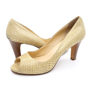Cole Haan Heels Womens 8 Tan Snake Print Leather Peep Toe Stacked Heel Pumps